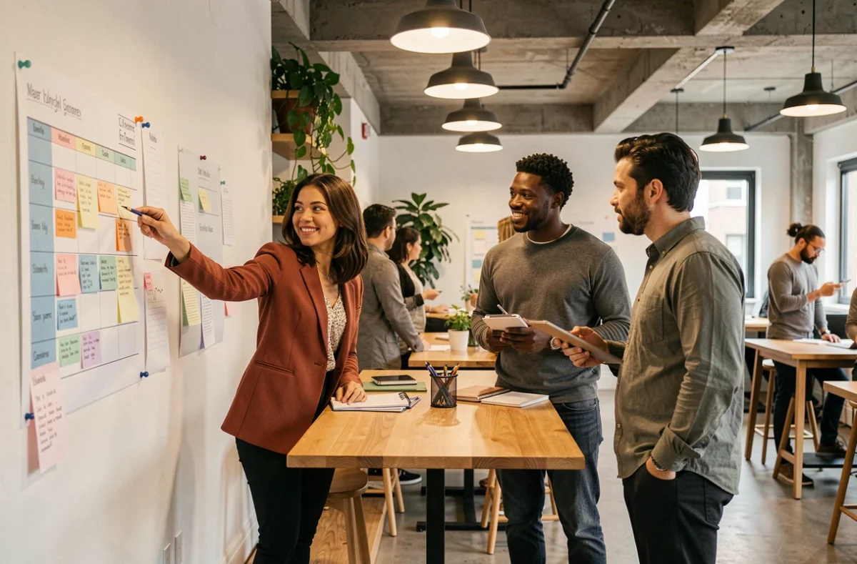 Équipe dirigée par un profil ESTJ collaborant sur un projet dans un espace de travail moderne