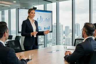 Femme cadre ESTJ présentant une stratégie en réunion d'entreprise dans un bureau moderne