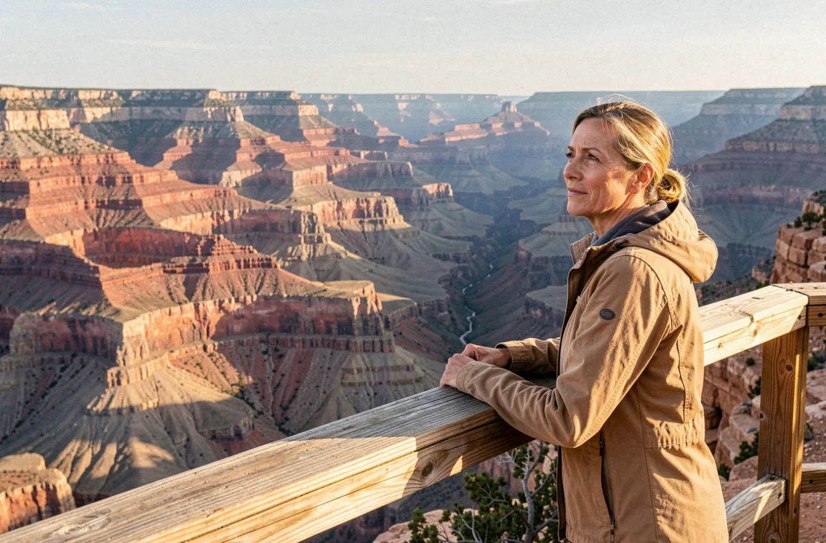 Femme admirant le Grand Canyon depuis un belvédère en bois, face aux immenses parois de grès rouge