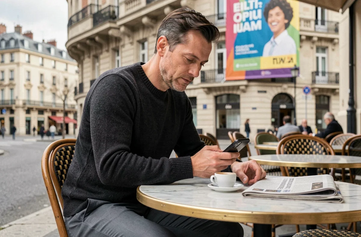Un homme consulte des informations sur les expositions à Lyon depuis une terrasse de café