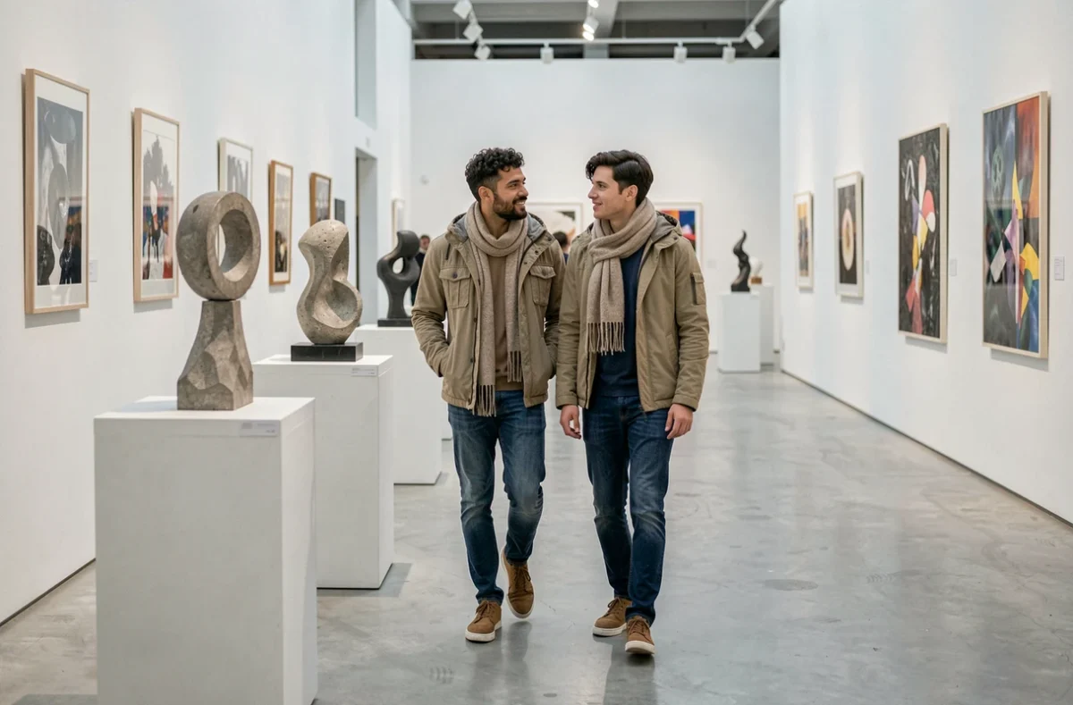 Un couple explore une galerie d'art moderne lors d'une exposition à Lyon