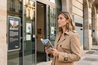 Une femme consulte une affiche d'exposition devant un musée contemporain à Lyon