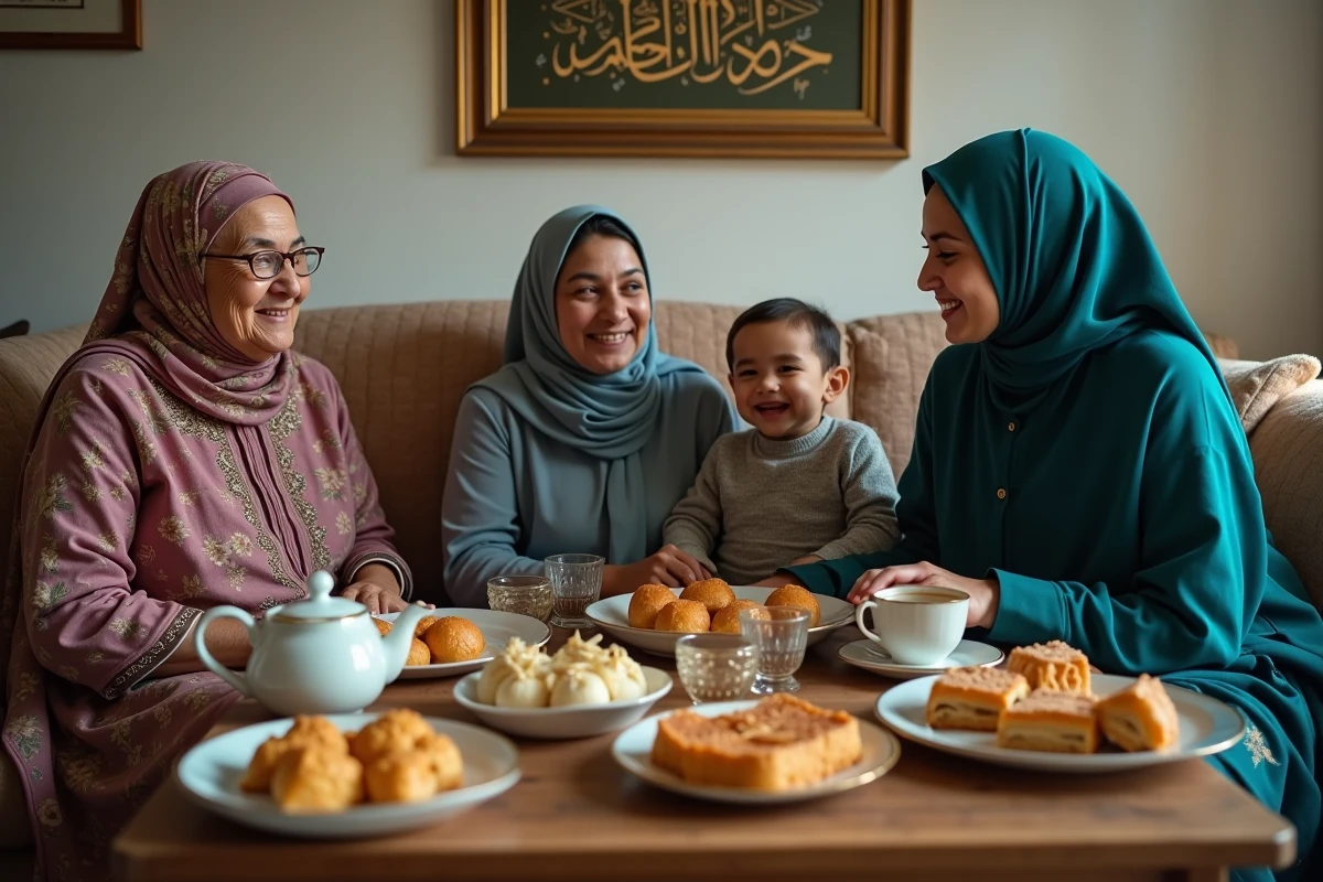 Famille réunie autour d'une table de pâtisseries orientales pour célébrer l'Aïd dans un foyer de Ris-Orangis