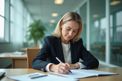 Femme d affaires concentrée en écrivant un rapport