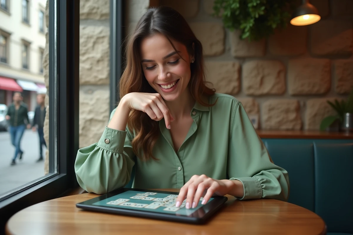 Femme souriante analysant des tuiles de lettres sur une tablette