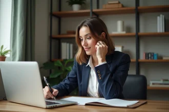 Femme en tenue professionnelle travaillant sur son ordinateur dans un bureau à domicile