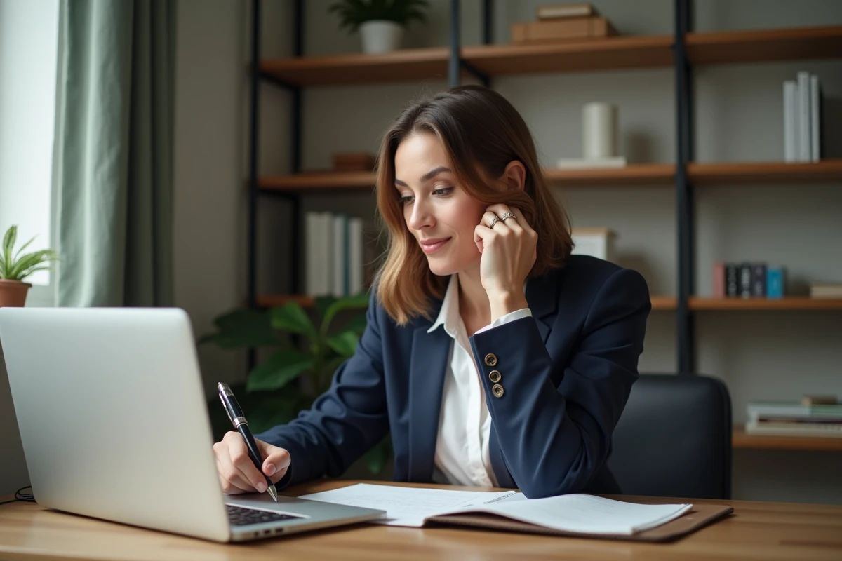 Femme en tenue professionnelle travaillant sur son ordinateur dans un bureau à domicile