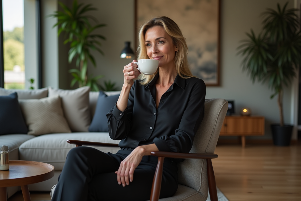 Femme confiante sirotant un café dans un salon moderne