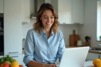 Femme utilisant Carrefour Drive en ligne depuis sa cuisine pour profiter d'un code promo en tant que déjà client