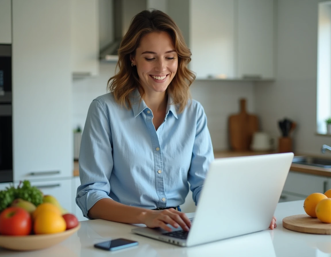 Femme utilisant Carrefour Drive en ligne depuis sa cuisine pour profiter d'un code promo en tant que déjà client