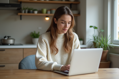 Jeune femme française travaillant sur son ordinateur dans la cuisine