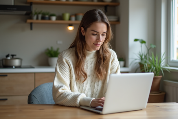 Jeune femme française travaillant sur son ordinateur dans la cuisine