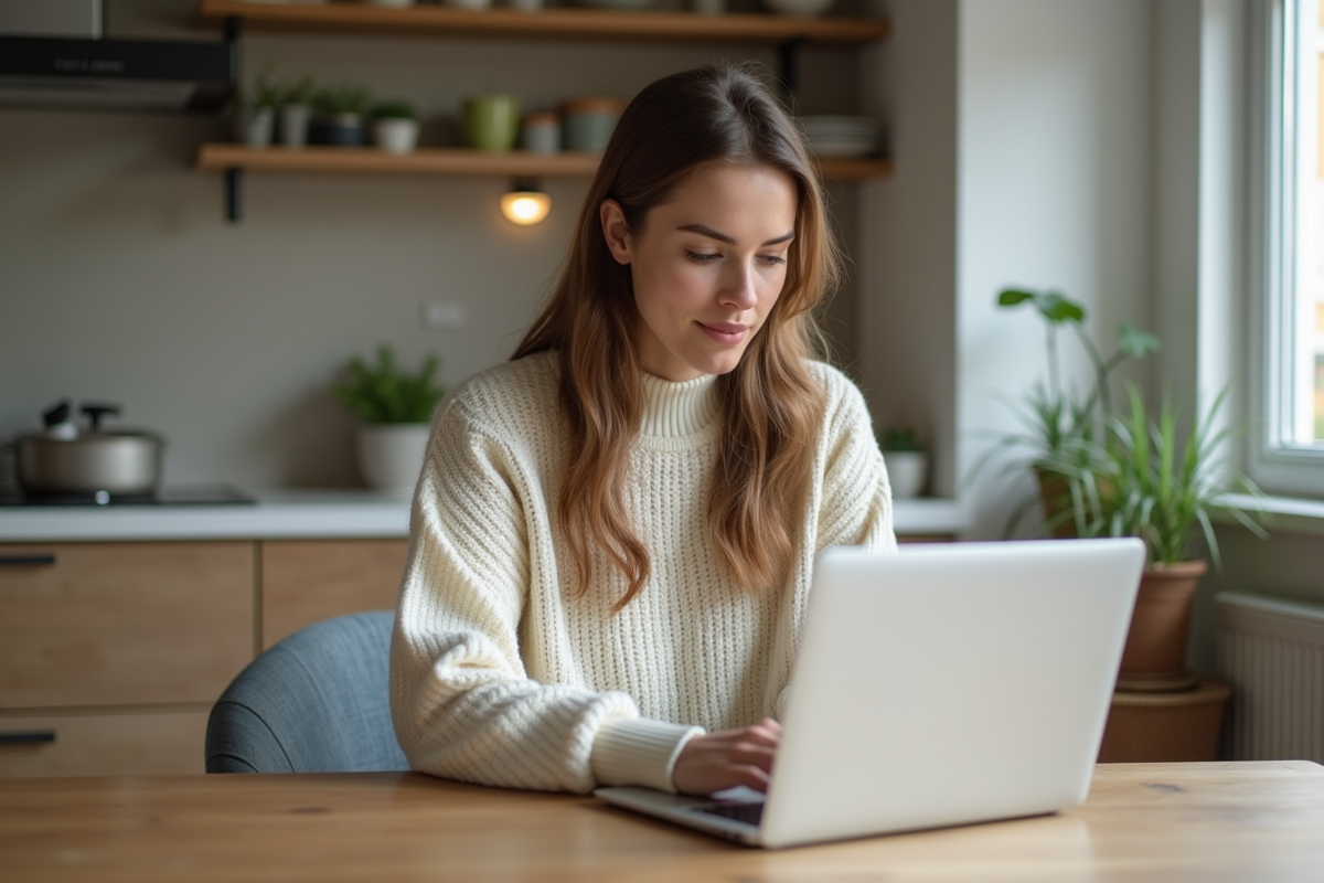 Jeune femme française travaillant sur son ordinateur dans la cuisine