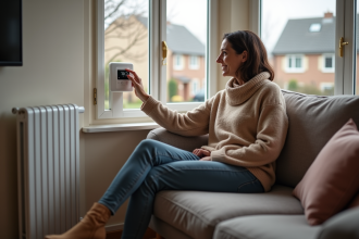Femme d'âge moyen ajustant un thermostat dans un salon cosy