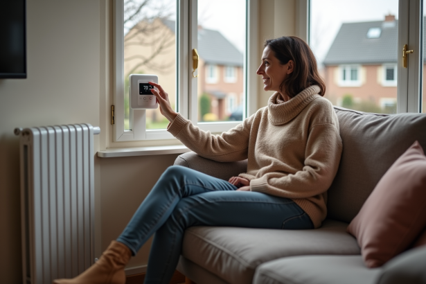 Femme d'âge moyen ajustant un thermostat dans un salon cosy