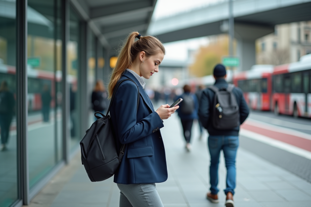 Jeune femme en urbanisme avec smartphone et bus