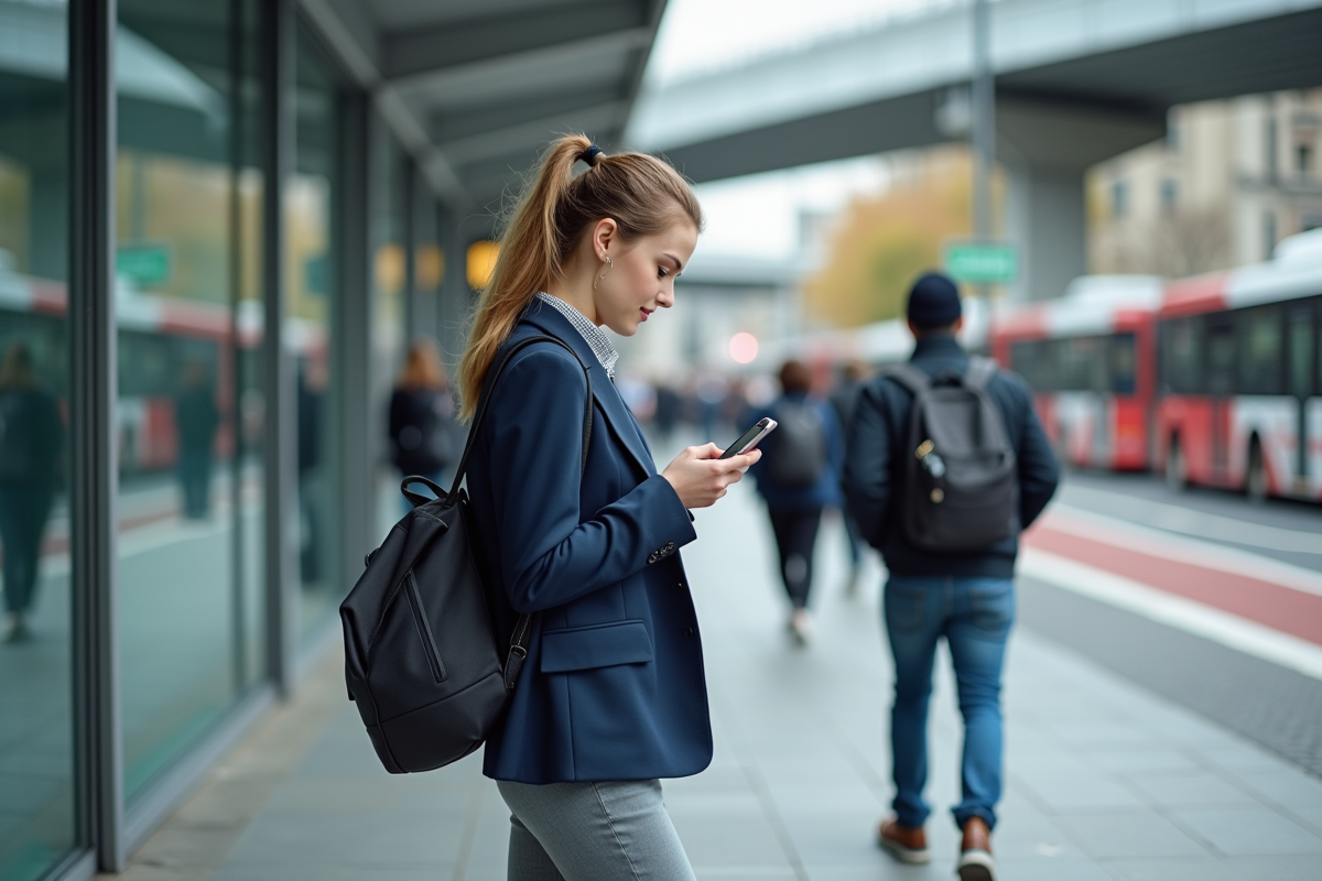 Jeune femme en urbanisme avec smartphone et bus