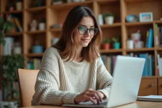 Femme consultant le site actividees.com sur un ordinateur portable dans un bureau à domicile chaleureux