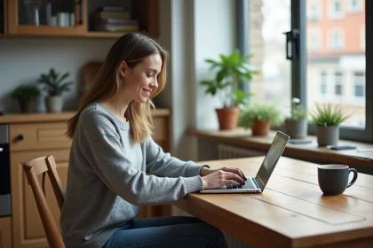 Jeune femme souriante travaillant sur son ordinateur dans un appartement cosy
