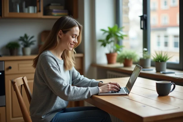 Jeune femme souriante travaillant sur son ordinateur dans un appartement cosy