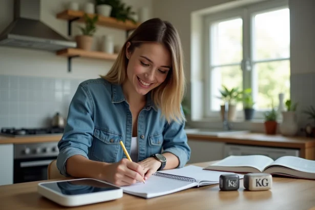 Jeune femme en cuisine note et balance digitale