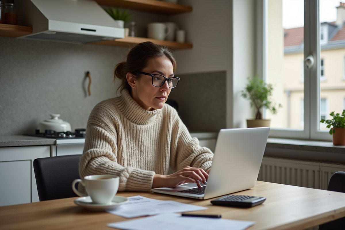 Femme assise à la cuisine avec ordinateur et tasse de thé