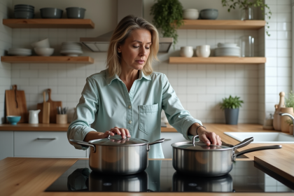 Femme examinant deux casseroles dans une cuisine moderne