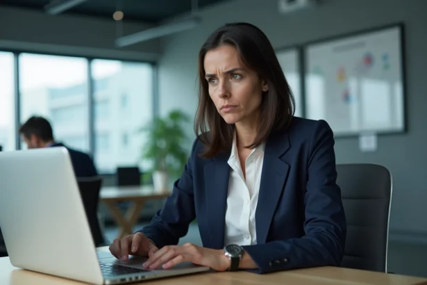 Femme cadre inquiète lisant des informations sur les discriminations au travail sur son ordinateur portable dans un bureau professionnel