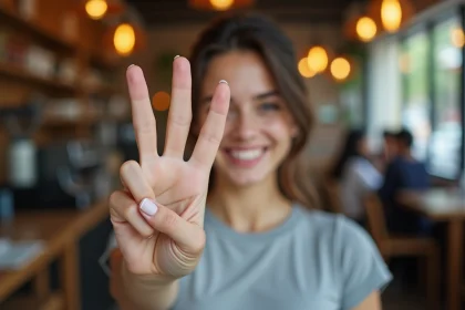 Jeune femme croisant les doigts dans un café, geste porte-bonheur représentant l'emoji doigts croisés