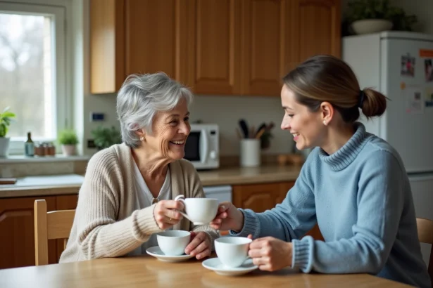 Femme âgée avec sa fille partageant un thé dans la cuisine chaleureuse
