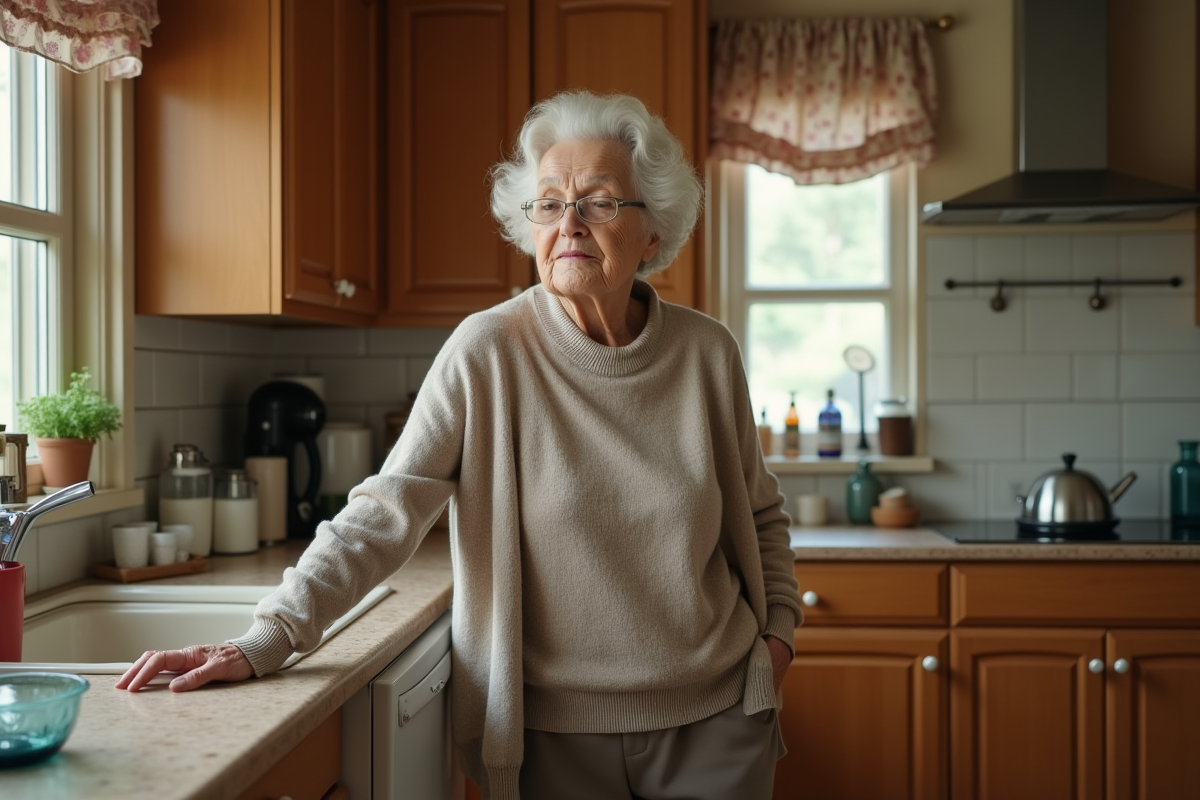 Femme âgée dans sa cuisine en train de reprendre son souffle