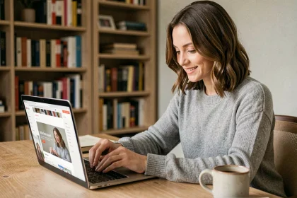 Femme ajoutant un site de streaming de films à ses favoris sur un ordinateur portable dans un bureau à domicile