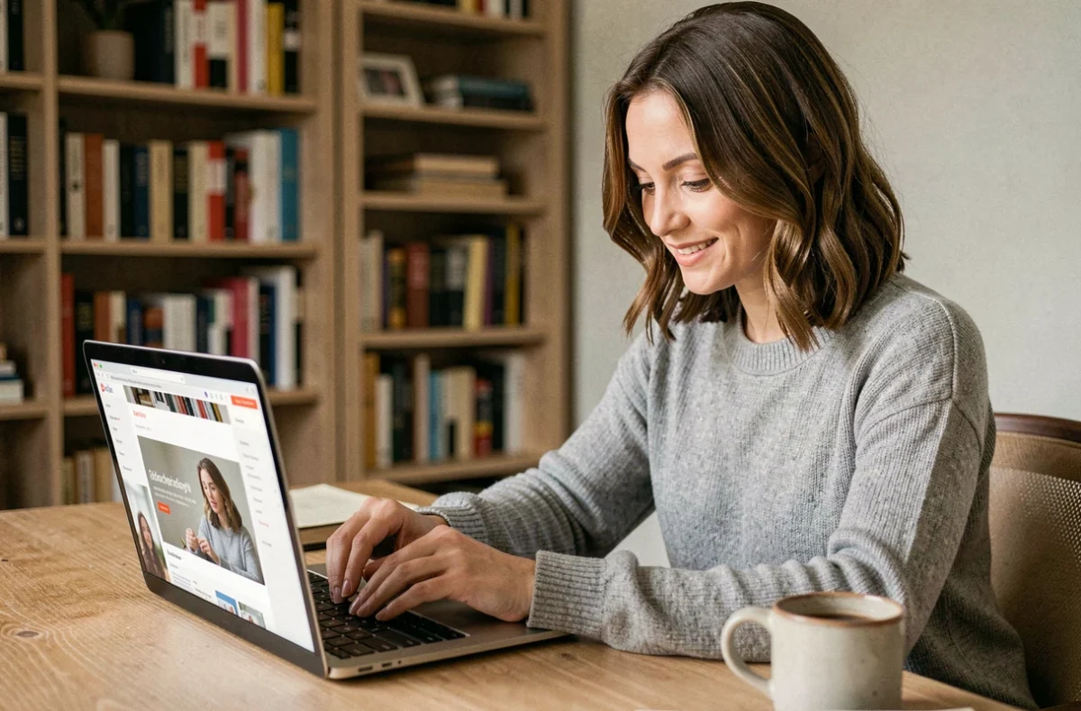 Femme ajoutant un site de streaming de films à ses favoris sur un ordinateur portable dans un bureau à domicile