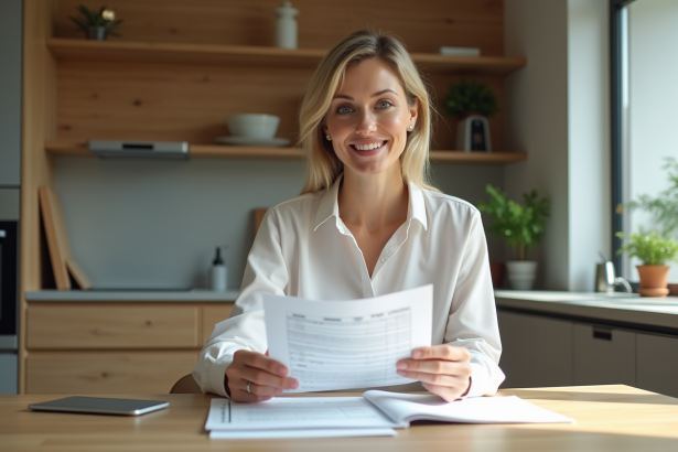 Femme d'affaires en intérieur examinant des documents financiers