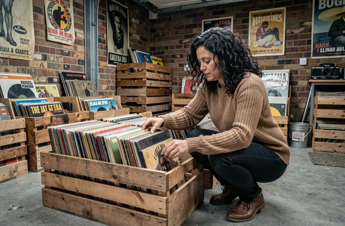 Femme fouillant une caisse de vinyles dans un garage lors d'une chine de disques rares