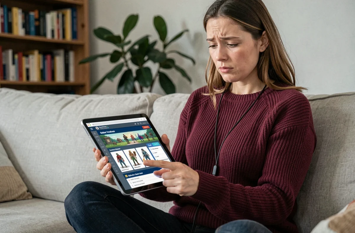 Femme consultant un guide de quête de jeu fantasy sur une tablette dans un salon