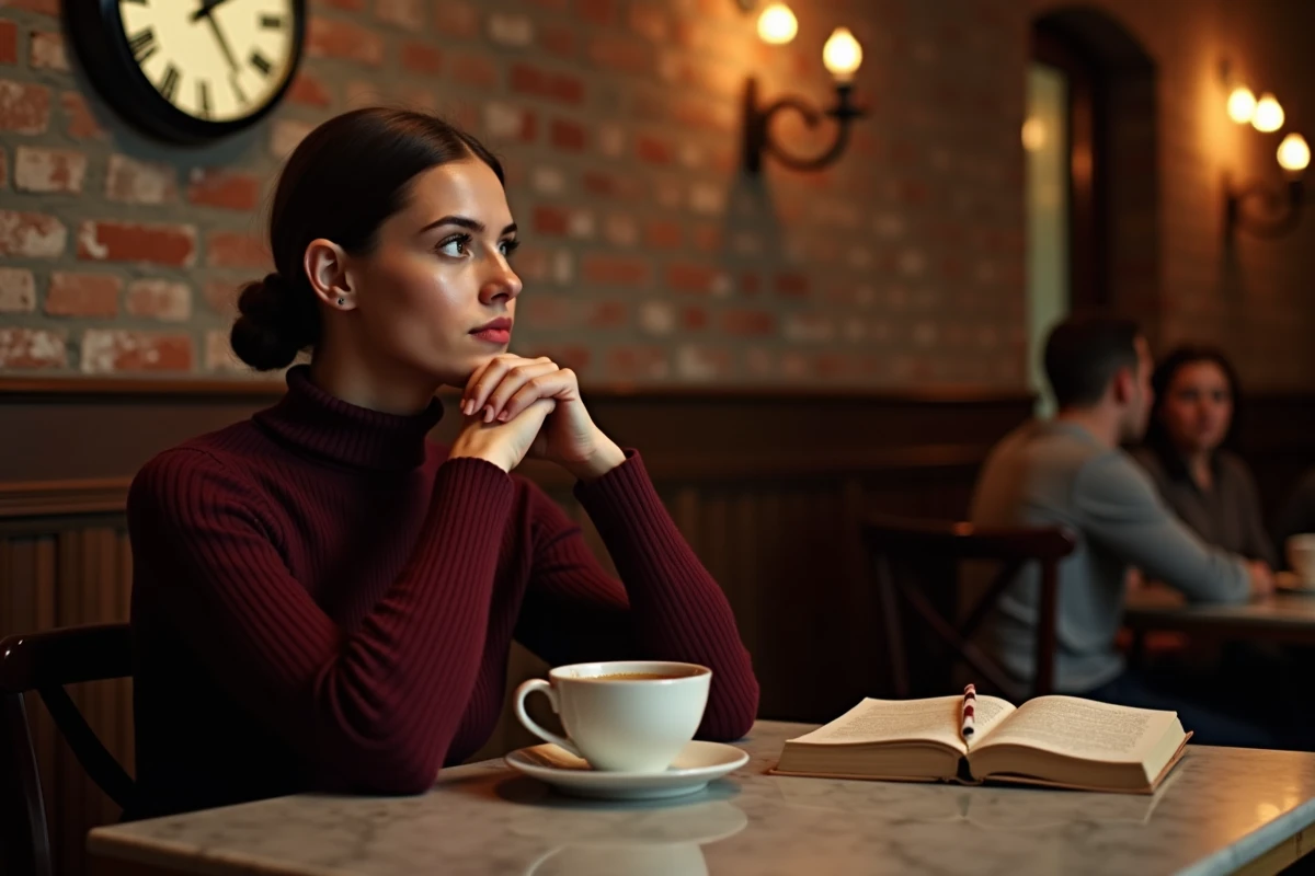 Femme seule dans un café contemplant une horloge affichant 22h55, évoquant la signification spirituelle de l'heure miroir pour les flammes jumelles