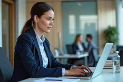 Femme en costume bleu interactant avec une assistante IA au bureau