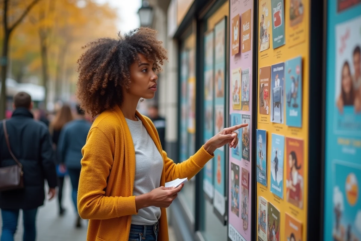 Femme découvrant des idées de sorties et loisirs sur un panneau d'affichage urbain coloré