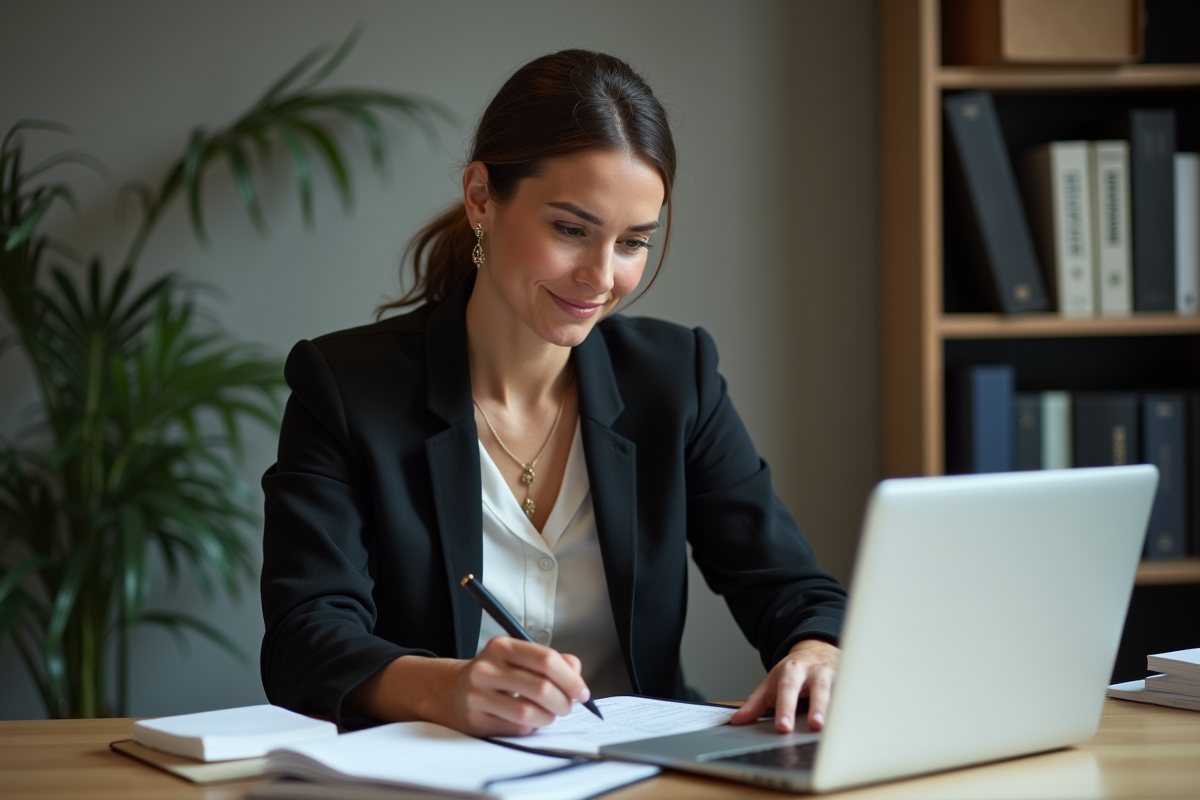 Femme française étudie un formulaire immobilier au bureau