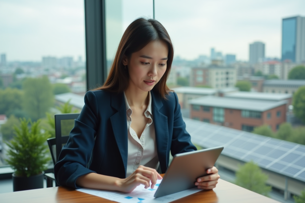 Jeune femme d'affaires regardant des graphiques d'investissement éthique