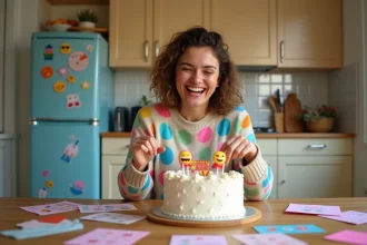 Femme souriante en pull à pois lors d'un anniversaire