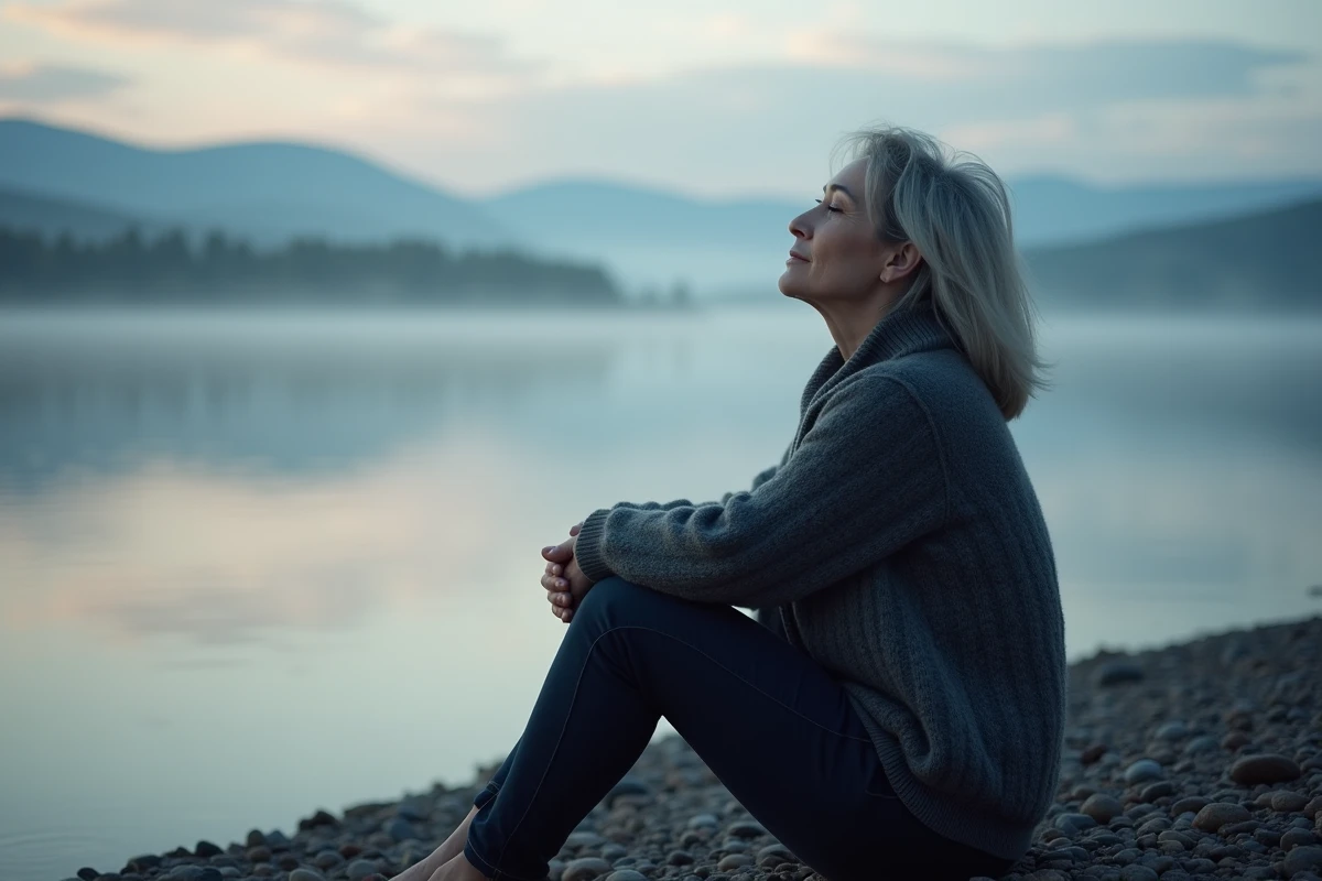 Femme assise au bord d'un lac les yeux fermés au crépuscule, dans une attitude de paix intérieure et d'éveil spirituel