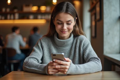 Femme consultant un magazine numérique sur son smartphone dans un café moderne