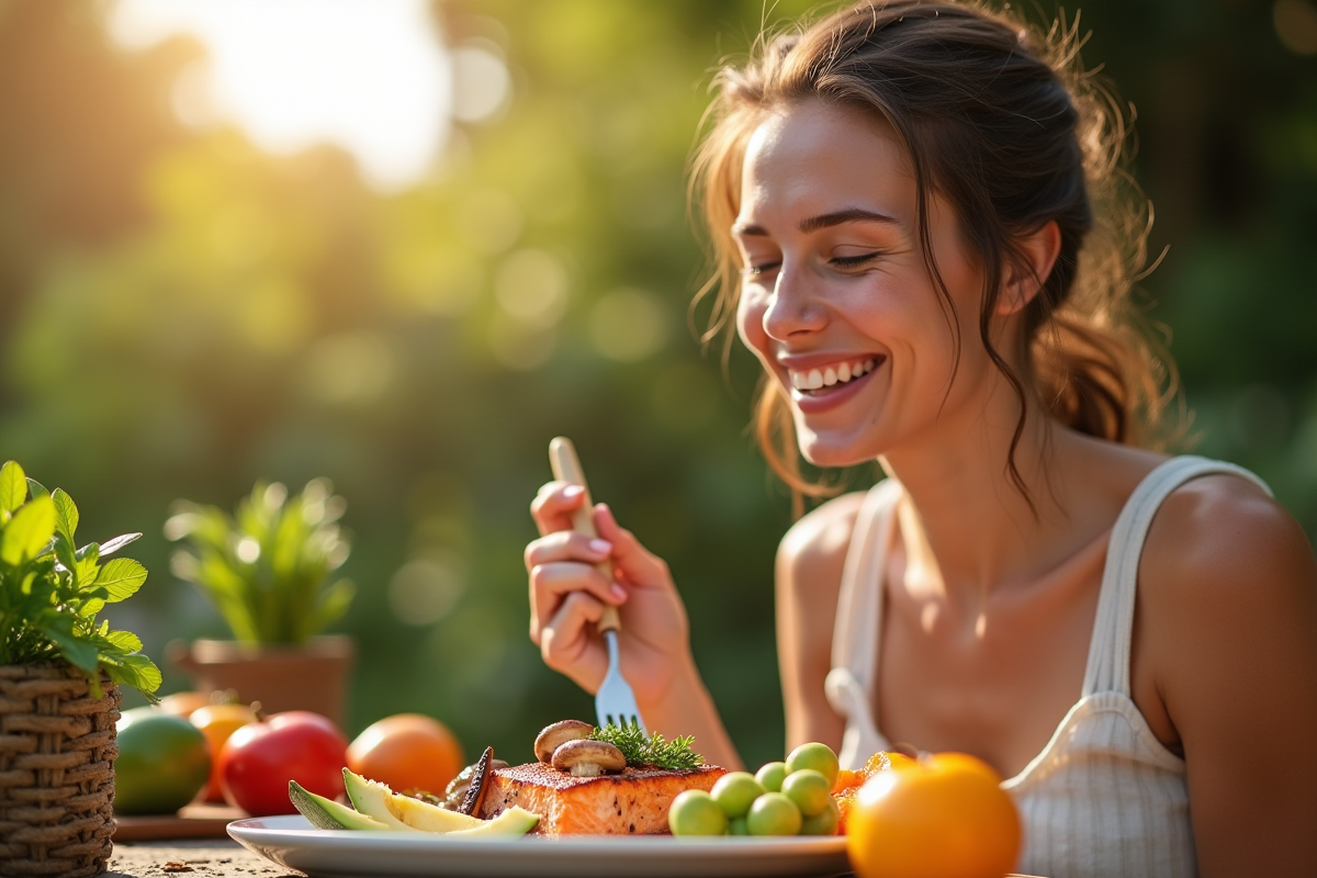 Femme souriante dégustant un saumon grillé avec avocat et champignons en plein air