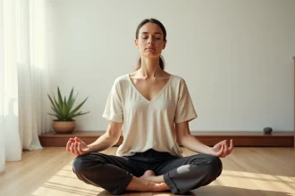 Femme en méditation les yeux fermés dans une pièce minimaliste, évoquant un flash lumineux intérieur et un appel spirituel