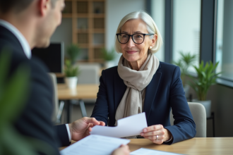 Femme d'une soixantaine d'années remet une lettre