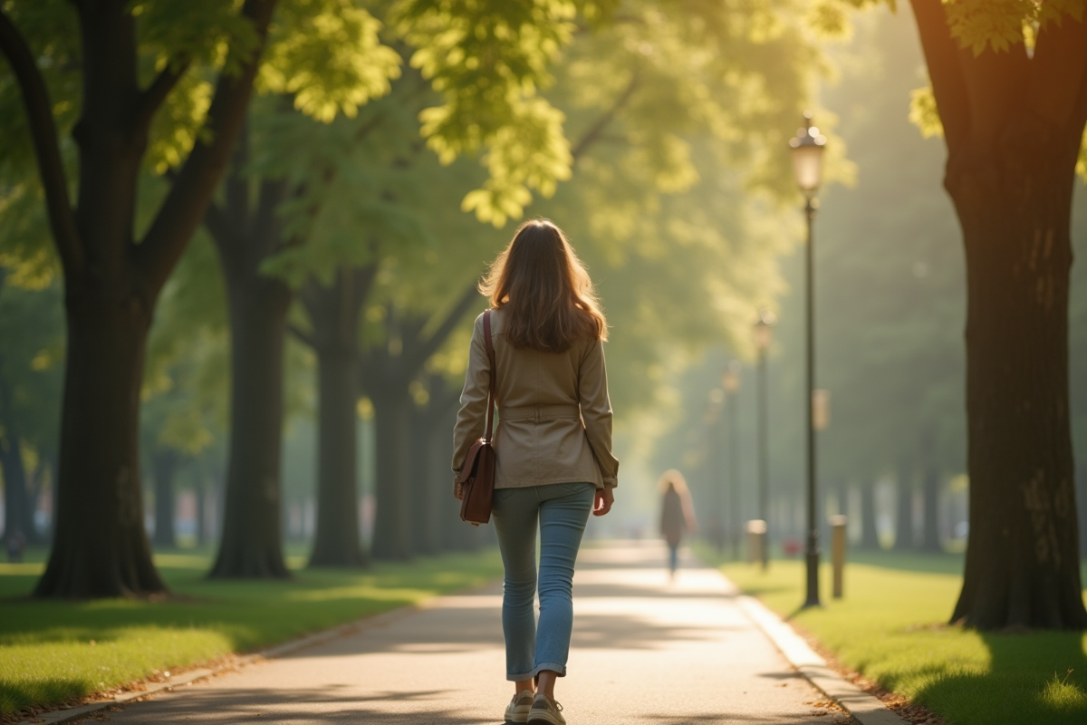 Femme marchant dans un parc en journée ensoleillée
