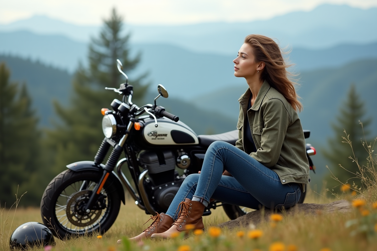 Jeune femme en pause avec sa moto dans la forêt