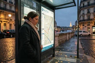 Femme consultant le plan du réseau Noctilien à un arrêt de bus parisien la nuit